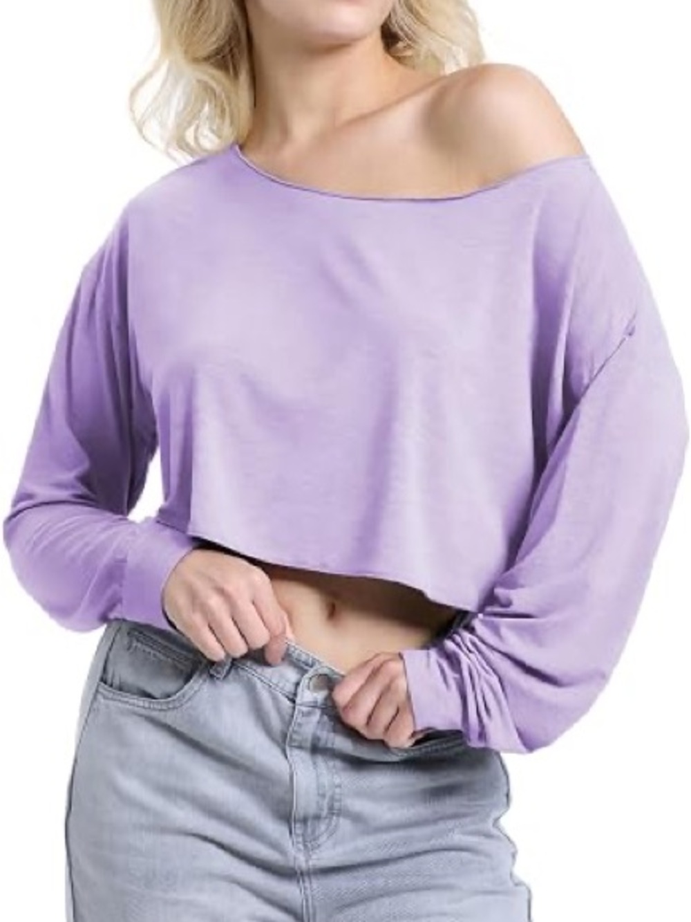 Lilac Off-Shoulder Cropped Top with Long Sleeves